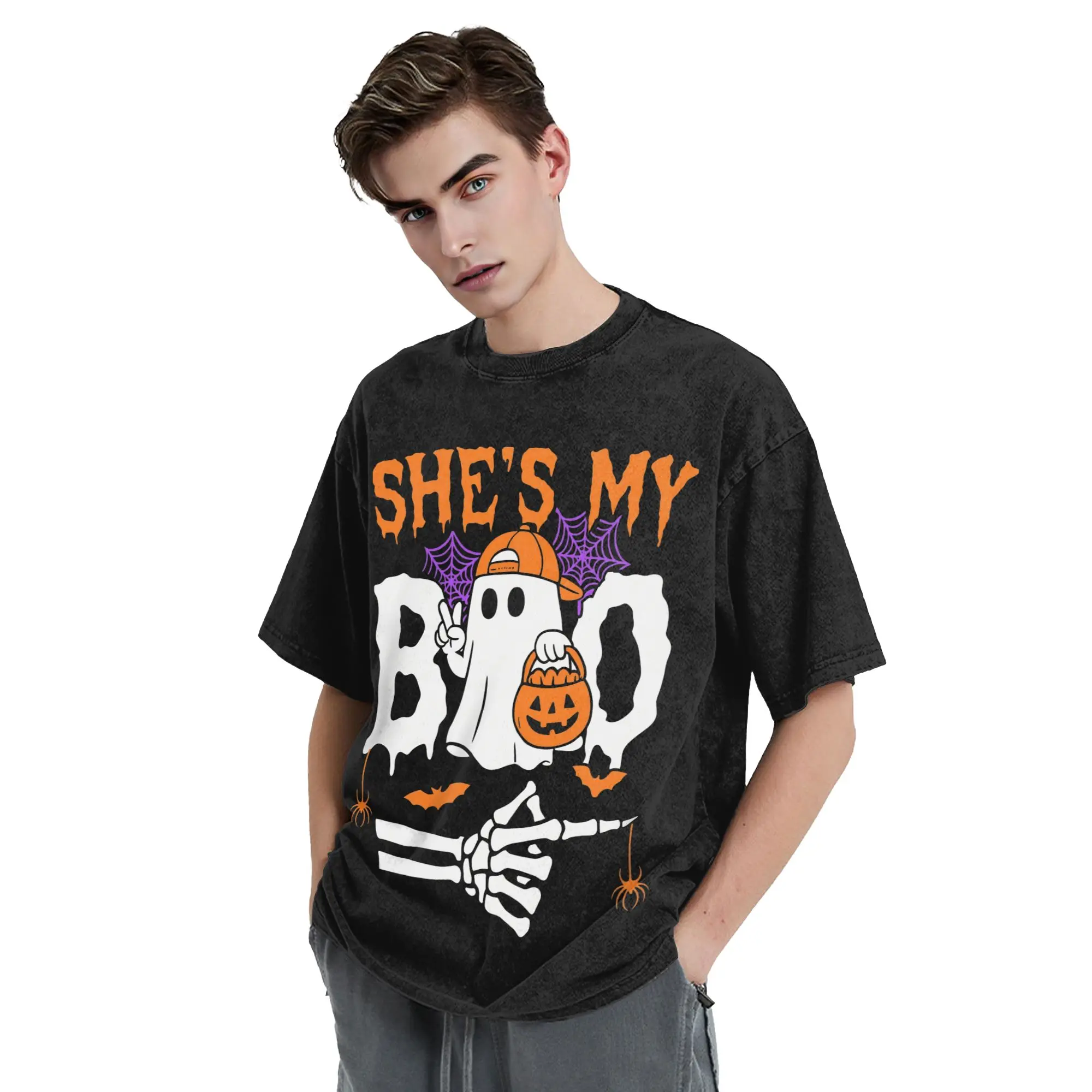 Washed T Shirts Halloween Hip Hop T-Shirt High Street She's My Boo Cute Ghost Streetwear Short Sleeve Printed Top Tees Men Women