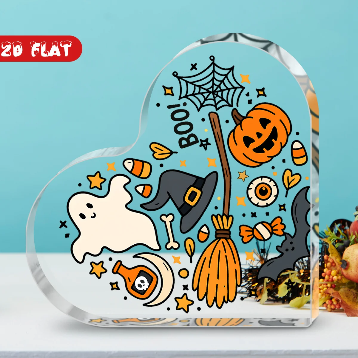 Halloween Boo Ghost Witch Hat Broom Pumpkin Spider Web Heart‑Shaped Clear Acrylic Plaque 10cm Candy Bat Potion Tabletop Keepsake Ornament Desk Shelf Halloween Party Home Decor Gift