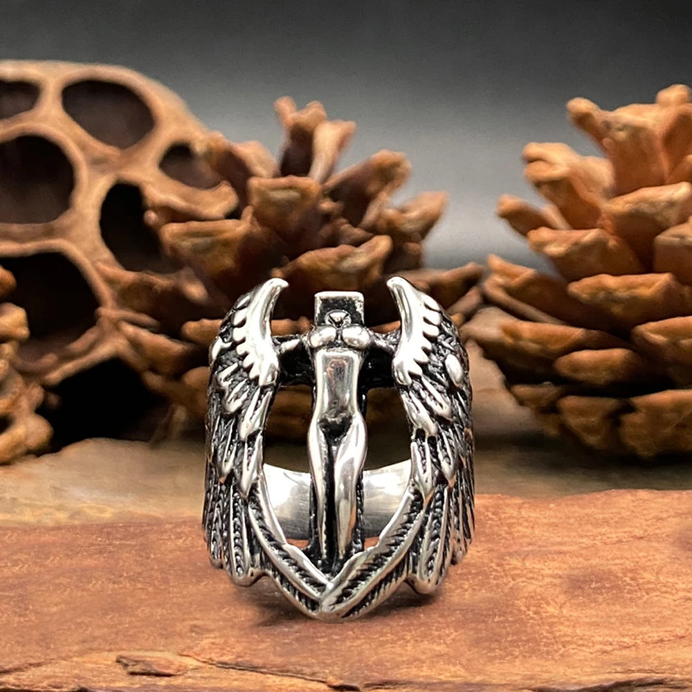 Unisex Fallen Angel Wing Ring Retro Relief Cross Gothic Punk Finger Ring Vintage Myth Jewelry Gift for Men Women