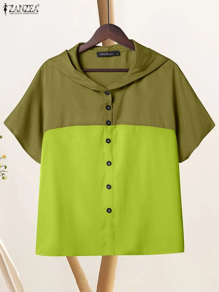 

Women Summer Patchwork Blouse 2025 ZANZEA Stylish Casual O Neck Short Sleeve Hooded Tops Office Shirt Female Buttons Down Blusas