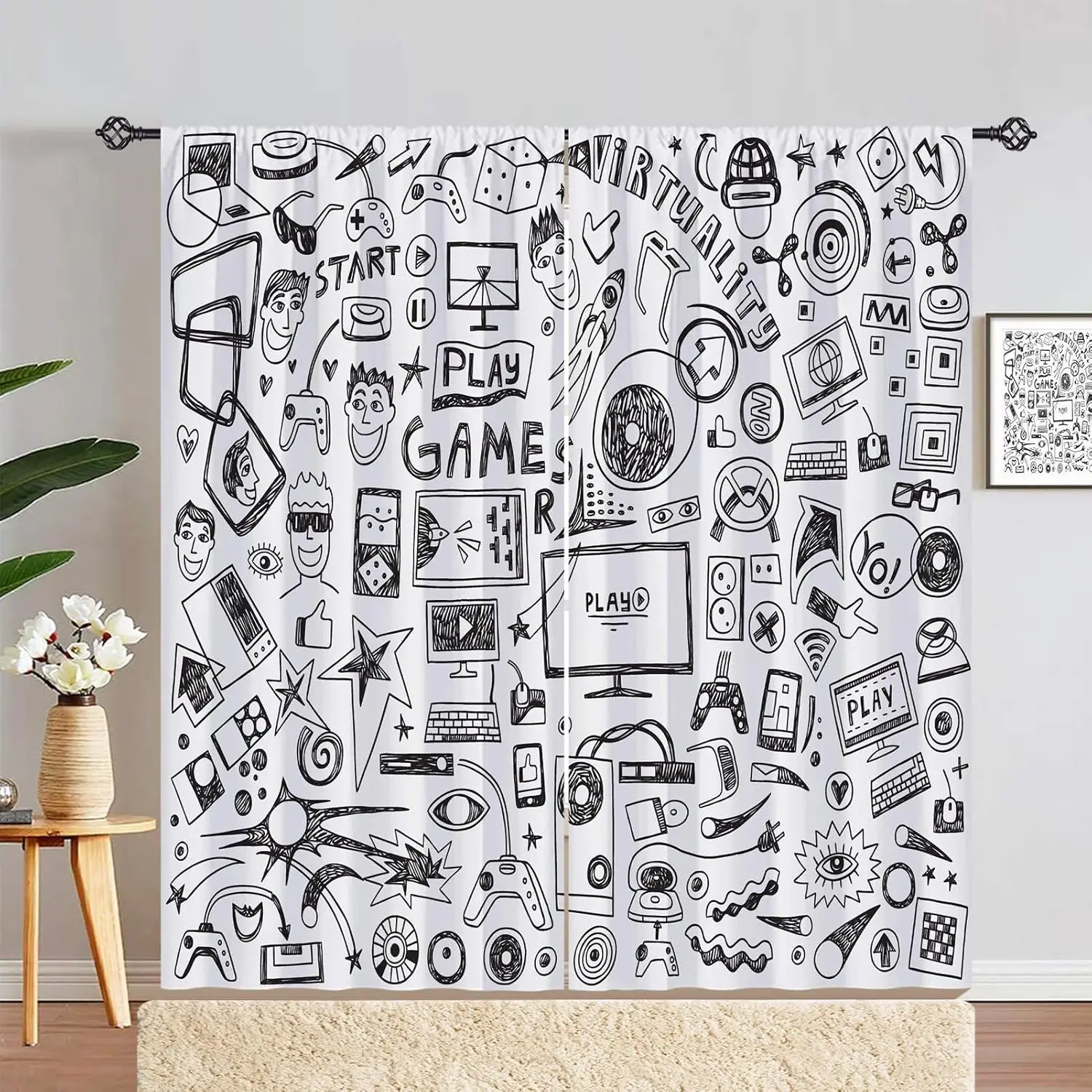 Kids Video Game Curtains Rod Pocket Computer Gamepad Sports Rocket Teen 90's Print Pattern Privacy Fabric Window Drapes for Boys