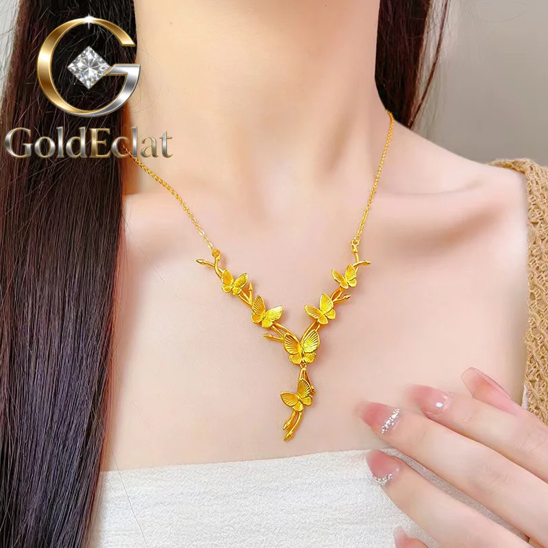 

GoldEclat Luxury 24K 9999 Pure Gold real gold Women's Three-dimensional Butterfly Necklace Light Luxury Collarbone Necklace
