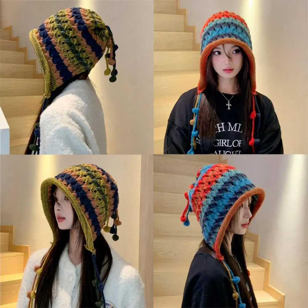 Japanese Style Tassel Ball Knitted Hat Stripe Ear Protection Rainbow Knitted Beanie Windbreak Korean Style Winter Bomber Hat