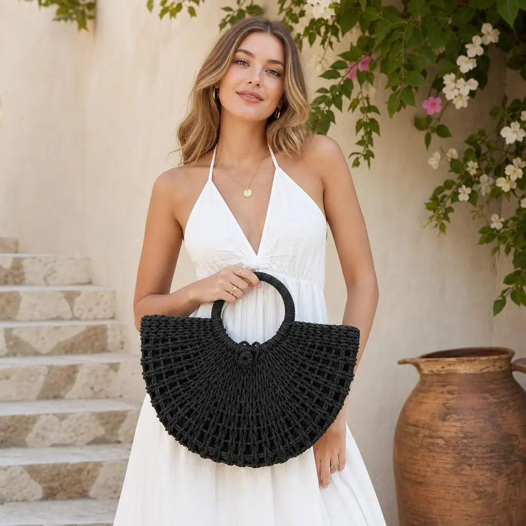Ladies Straw Woven Bag, Handwoven Ladies Beach Bag, Curved Top Handle Tote Bag, Large Capacity Handbag, Fashionable Women's Bag. - view 2