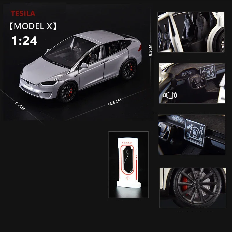 Carro de brinquedo fundido para crianças, liga Model X Tesla Model 3, luz e som, colecionáveis infantis, presente de aniversário, 1:24