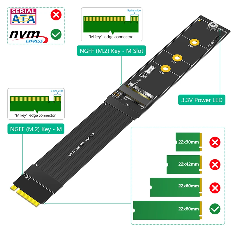 20CM M2 NVME SSD Extension Cable PCI Express 4.0 X4 M Key Extender 180 Degree Support 2230 2242 2260 2280 PCI-E 4.0 NVME M.2 SSD