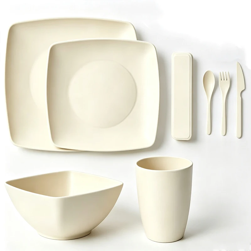 7pcs wheat straw square plates and bowls and cups contain cutlery sets, reusable portable tableware, suitable for picnic trips.