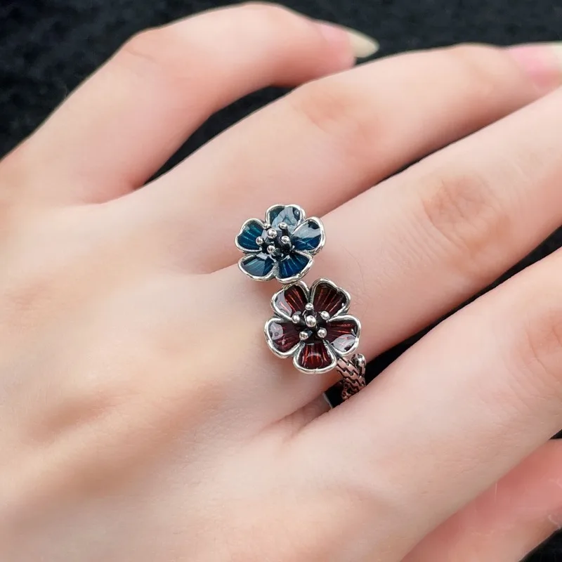 

Creative 925 Silver Enamel Colorful Exquisite Double Flower Rings for Women Vintage Chinese Style Fashion Ring Fine Jewelry