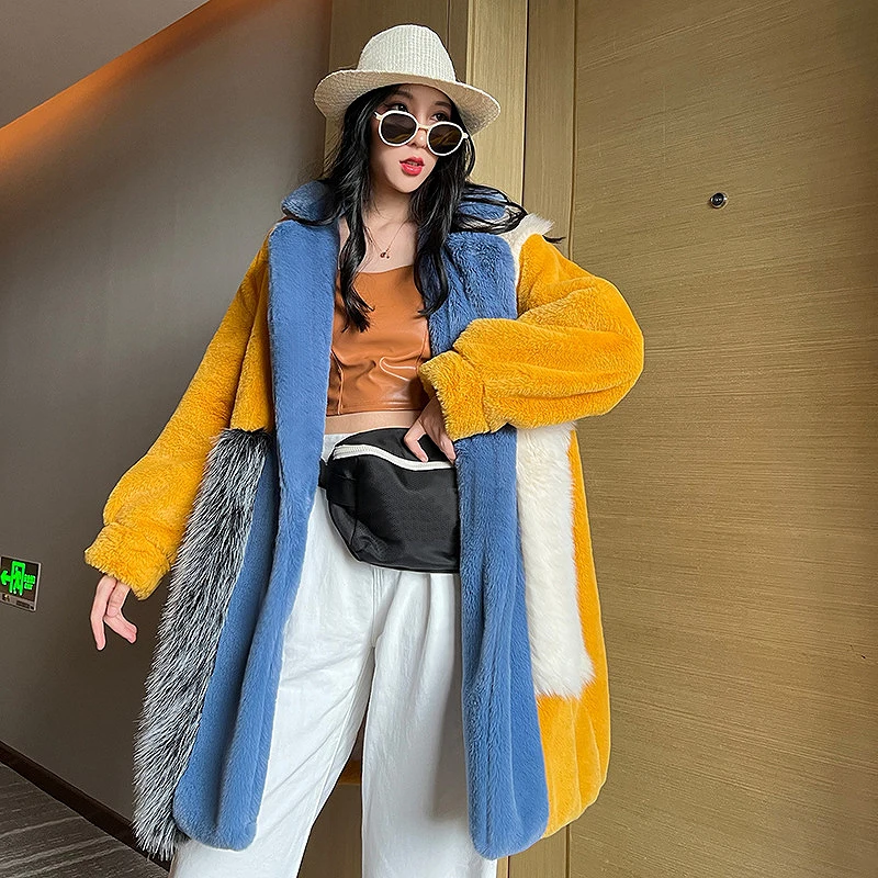 2023 Winter Faux Fur Jackets for Women Furry Warm Splicing Contrast Color Blue Yellow Fluffy Coat Long Jacket Women Overcoat