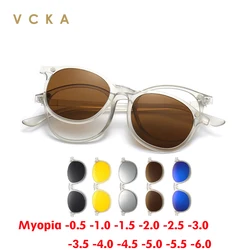 VCKA Transparent Frame Women Myopia Sunglasses 6 In 1 Magnetic Clip Glasses Round Men Polarized Prescription Eyeglass -0.5~-6.0