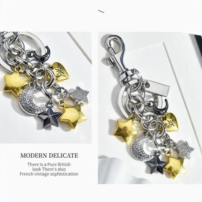 Himmlischer Schlüsselanhänger aus Metallmix mit Mond und Stern, Strass-Taschenanhänger, individuell graviert, ästhetisches Taschenaccessoire, einzigartige Geschenke für Frauen – Detail 8