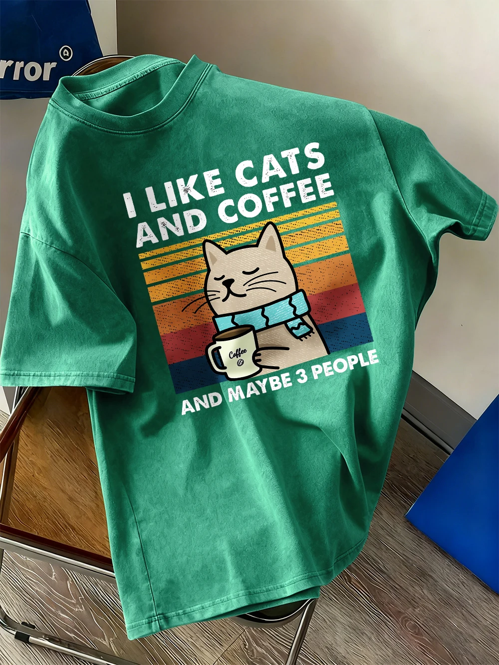 Ich mag Katzen Kaffee bedruckte gewaschene T-Shirts Damen Baumwolle Übergroßes T-Shirt Sommer Straße Kurzarm Tops Lässige O-Ausschnitt Kleidung