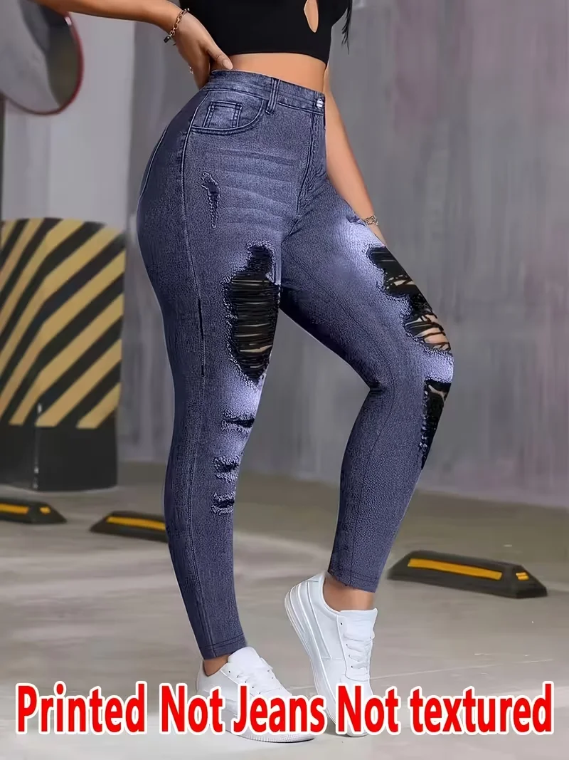 Bedruckte Leggings für Damen, kein Denim-Stoff, Hosen mit aufgesetzter Tasche und Knopfdruck-Design, hochelastisch, modisch, schmal geschnitten, lässig. – Detail 4