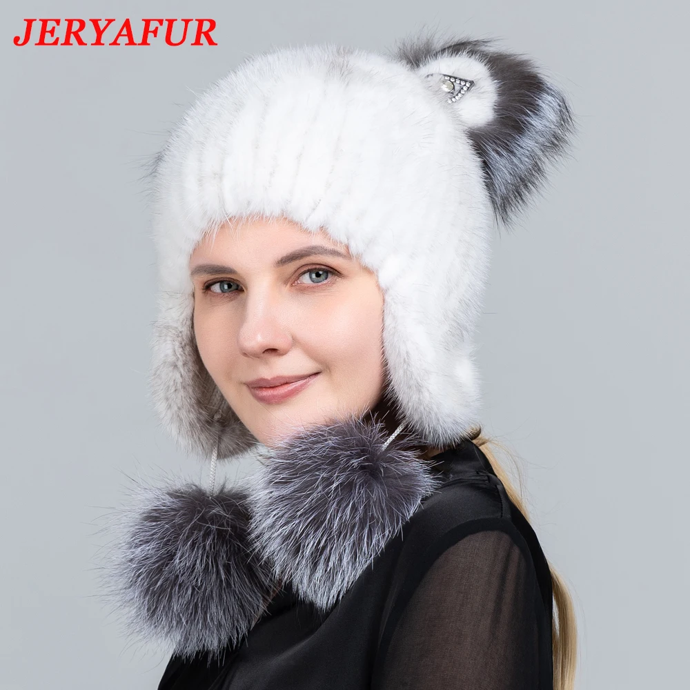 JINGERYA Winter Hats For Women Girls Real Mink Fur Hat Cat Ear Children Winter Hat Hot Fluffy Fox Fur Diamond Ears Knitted Mink