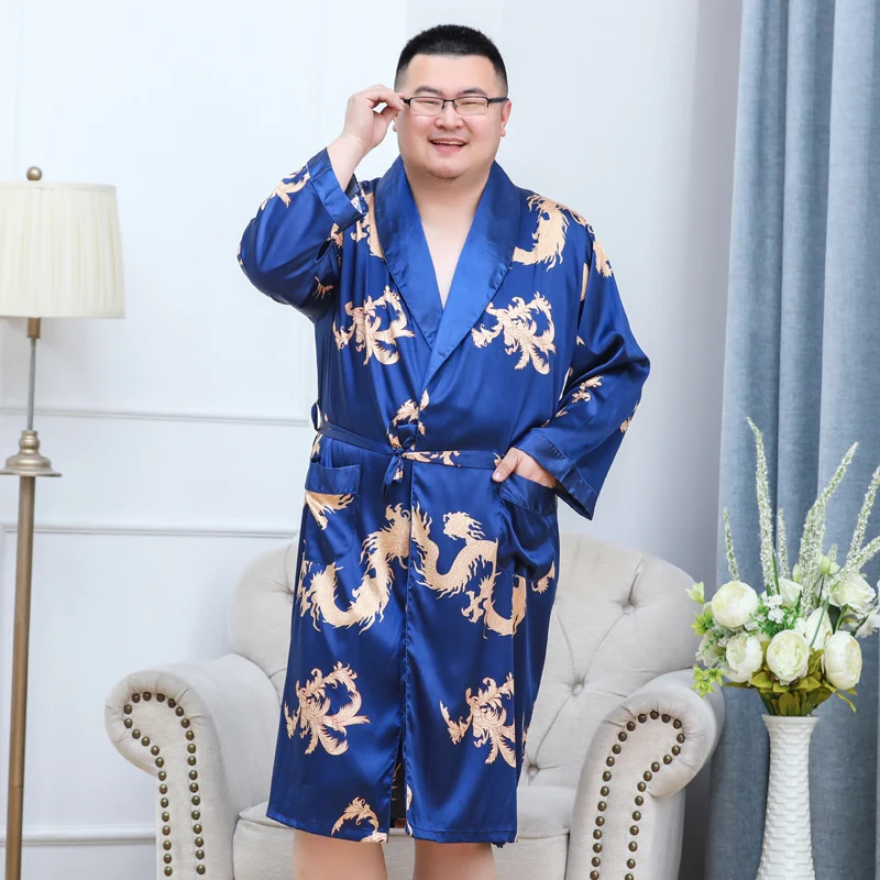 Plus Size 5XL Kimono Robe Luxury Men\'s Silky Long Sleeve Dragon Printing Dressing Gown Bathrobe Sleeprobe Male Lounge Home Wear