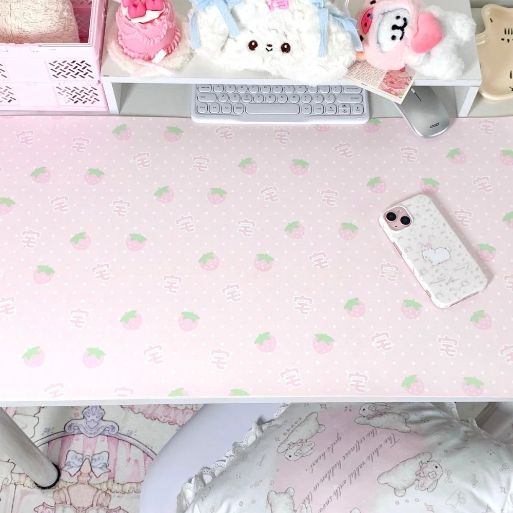 Cute Pink Strawberry Polka Dot Pu Leather Mouse Pad Waterproof Desk Mat Protective Game Keyboard For Dorm & Dressing Table Mat