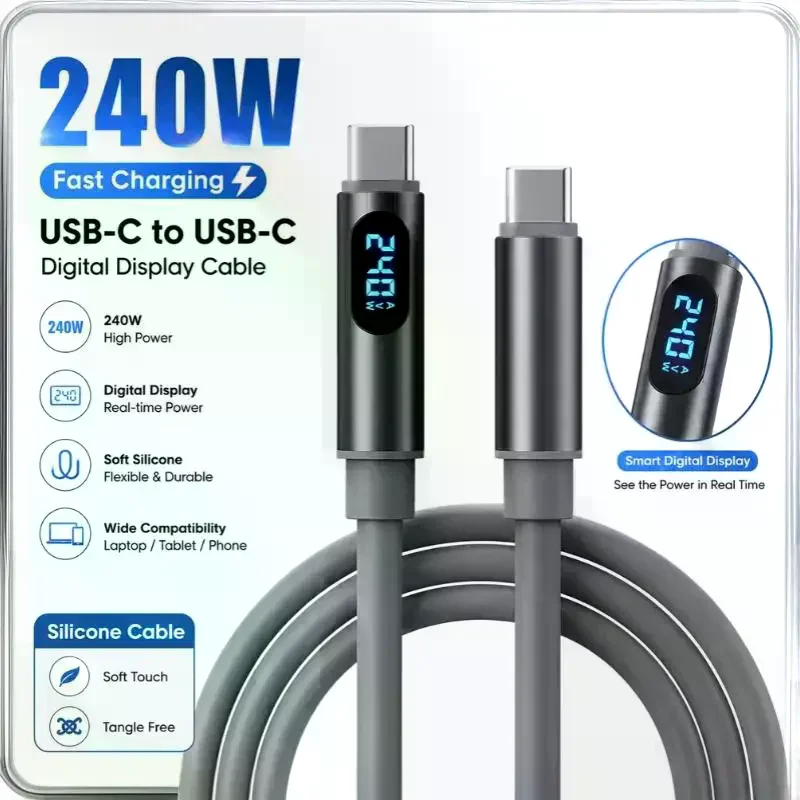 1Pc Soft Silicone Type C Charger Cord 480Mbps 240W LED Digital Display USB C To USB C Fast Charging Cable For Laptop Phone