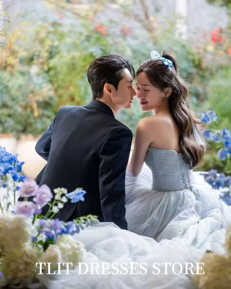 TLIT Elegant Dusty Blue Evening Dress Korea Wedding Dress Photo Shoot Strapless  Prom Gowns Customized Floor-Length Gowns