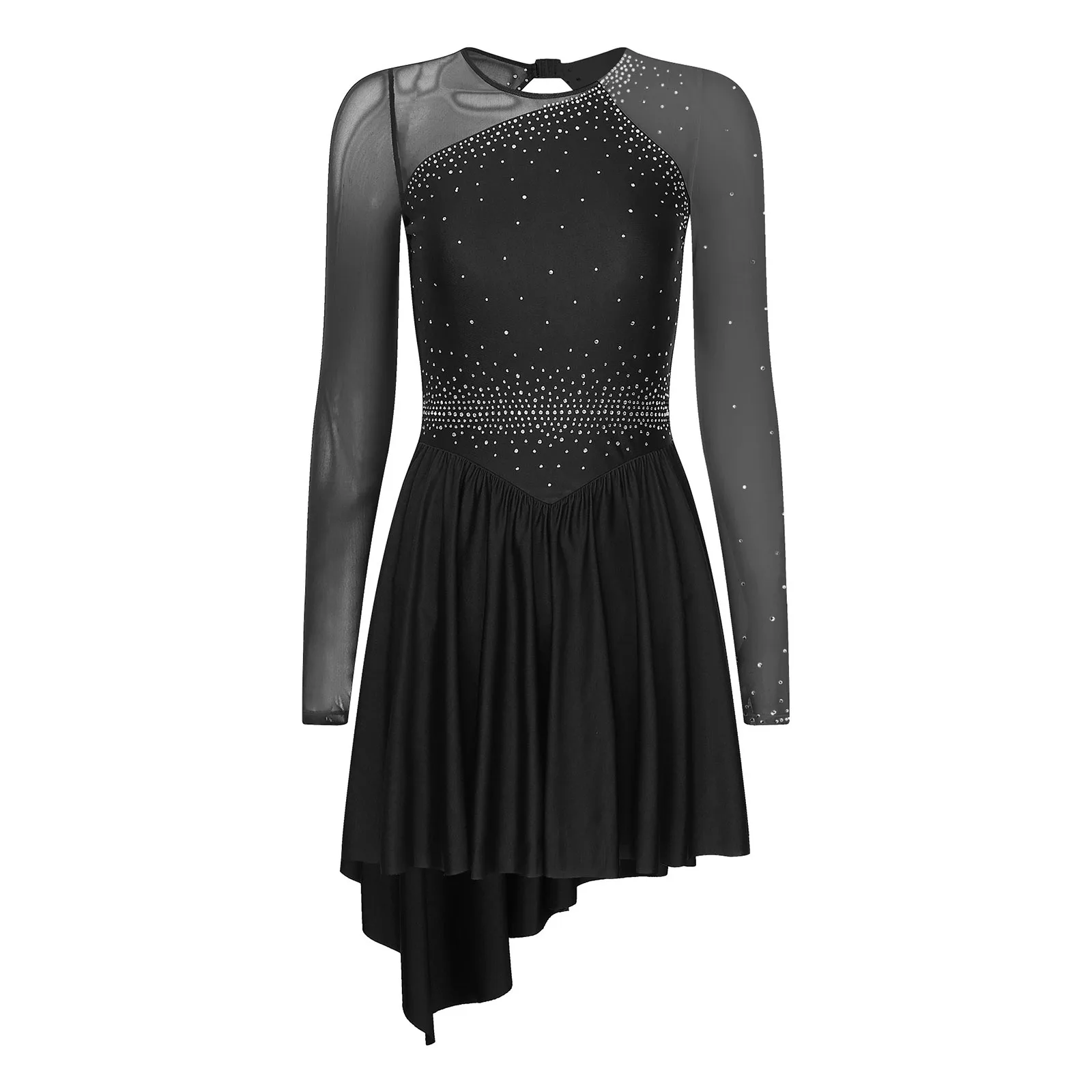 Women Long Sleeve Figure Skating Ballet Gymnastics Lyrical Dance Dress Shiny Rhinestone Mesh Leotard Tutu Performance Dancewear