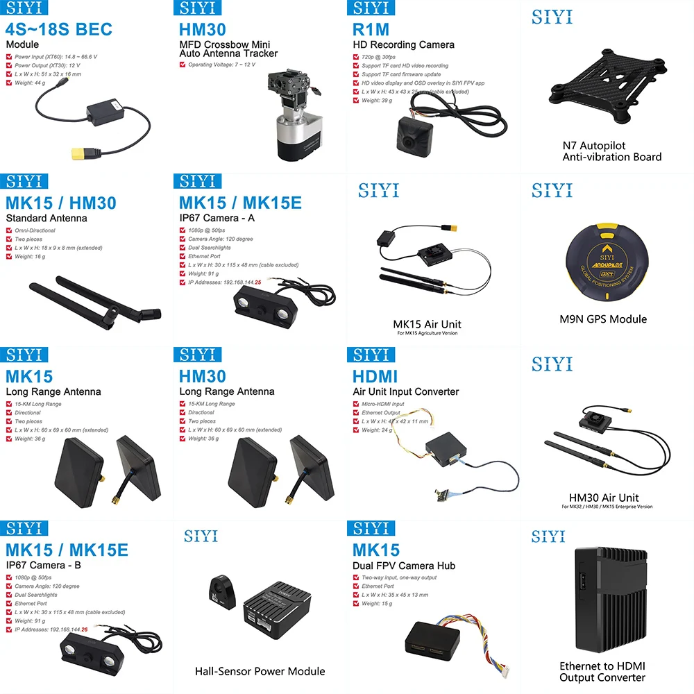 SIYI UAV Accessories MK15 HM30 Air Unit Antenna Camera Hub BEC Hall Sensor Power Module GPS Gimbal Mount Drone Spare Parts