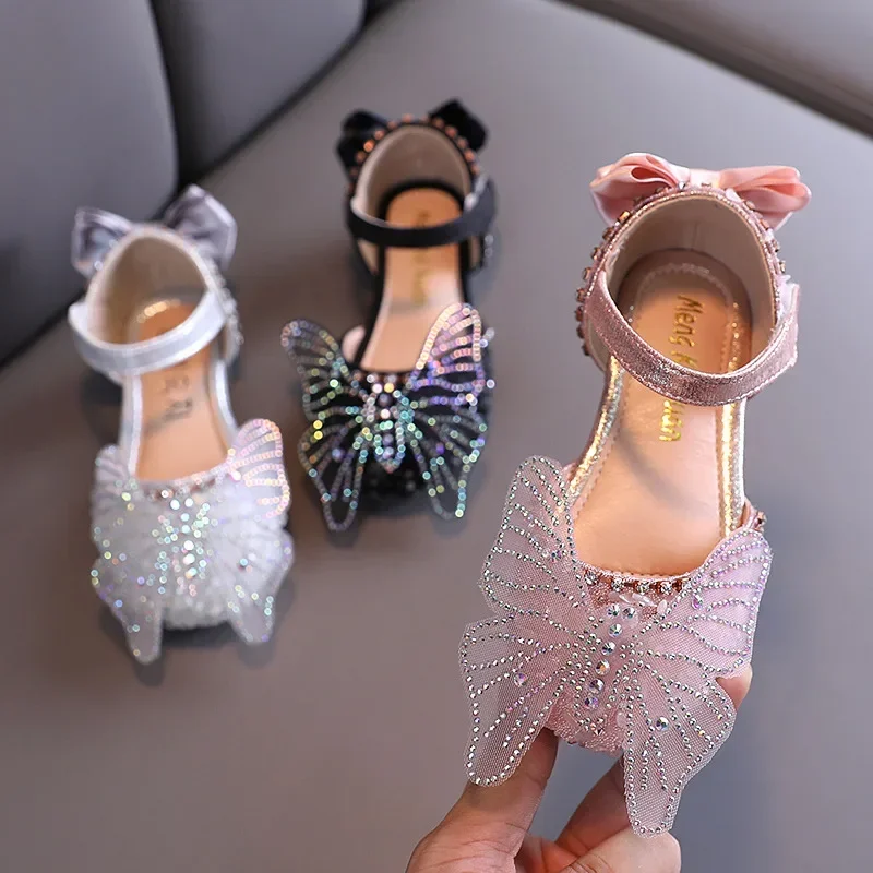 

Girls Autumn Single Shoes Princess Children Openwork Mesh Ribbon Bow Pu Leather Shoes Kids Sequins Pearl Performance Dance Shoes