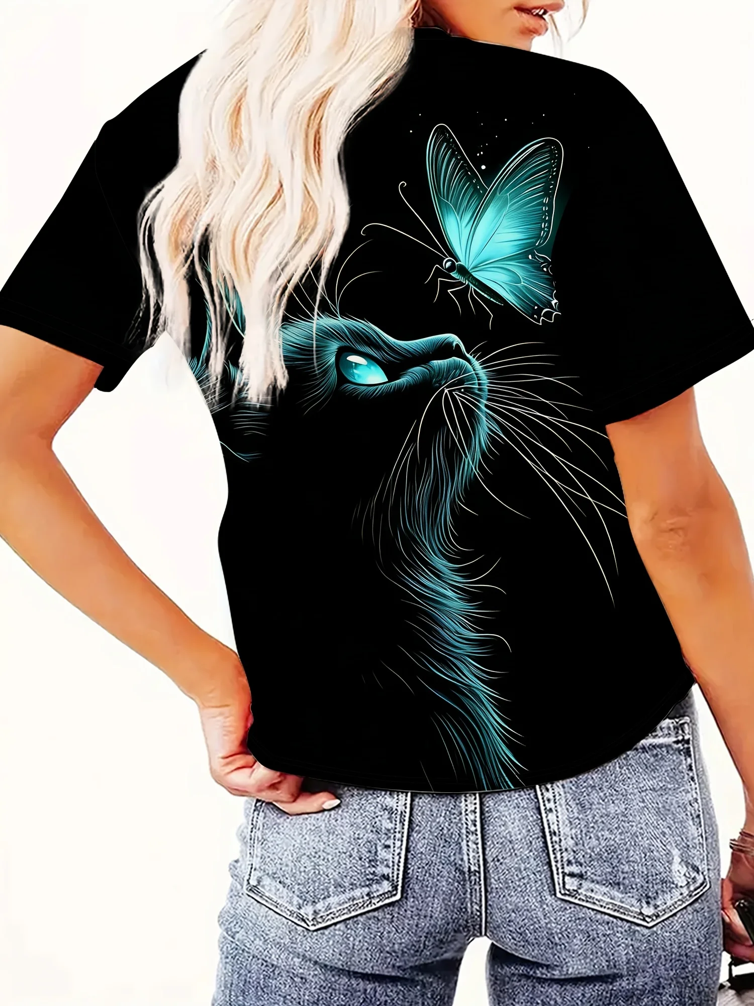 Women Crew Neck Short Sleeve T‑Shirt, Glowing Teal Cat And Butterfly Art Graphic Print Casual Summer Black Tee