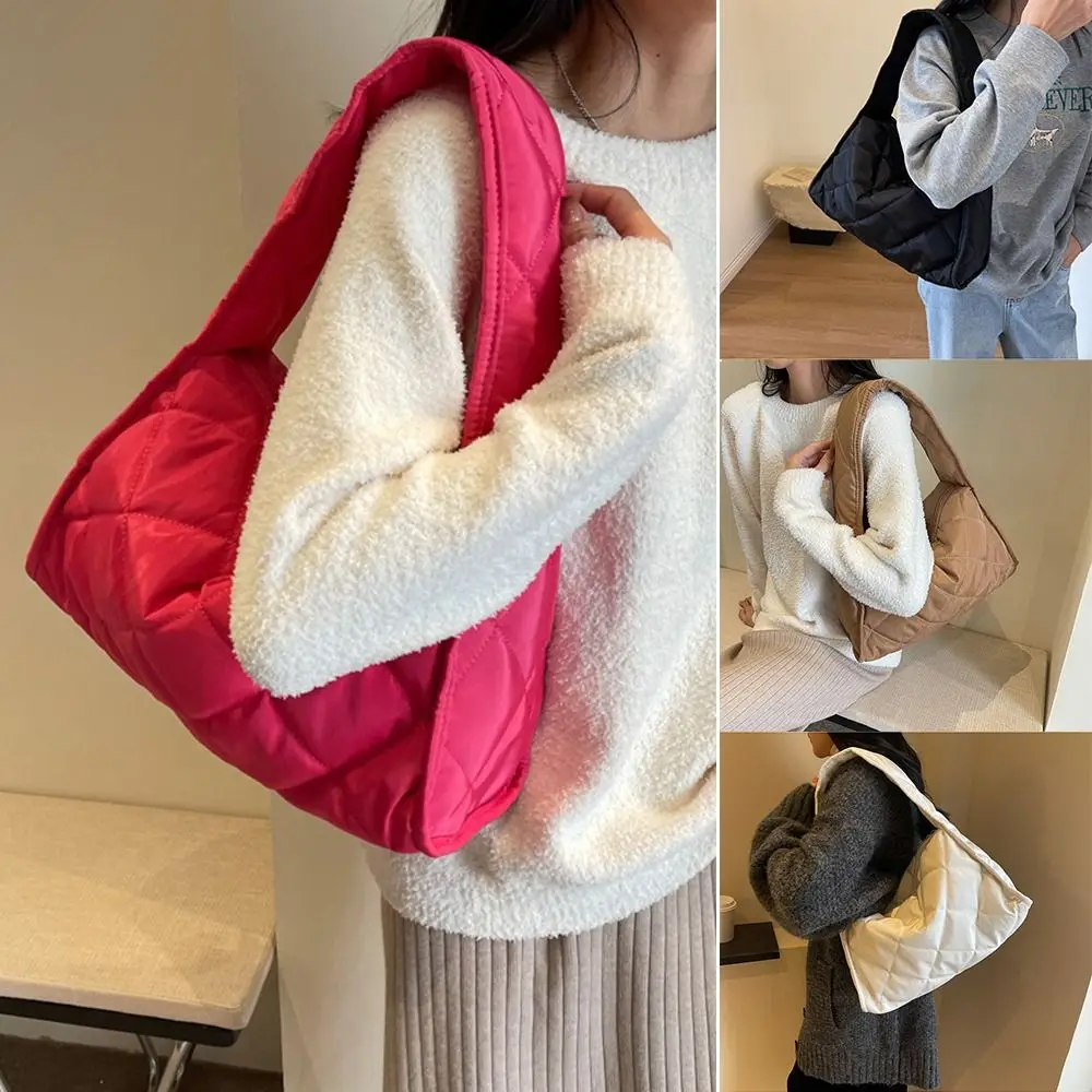 Large Capacity Quilted Tote Bags Fashion Rhomboid Plaid Shoulder Bags Underarm Bags Casual Puffy Handbags for Women Girls