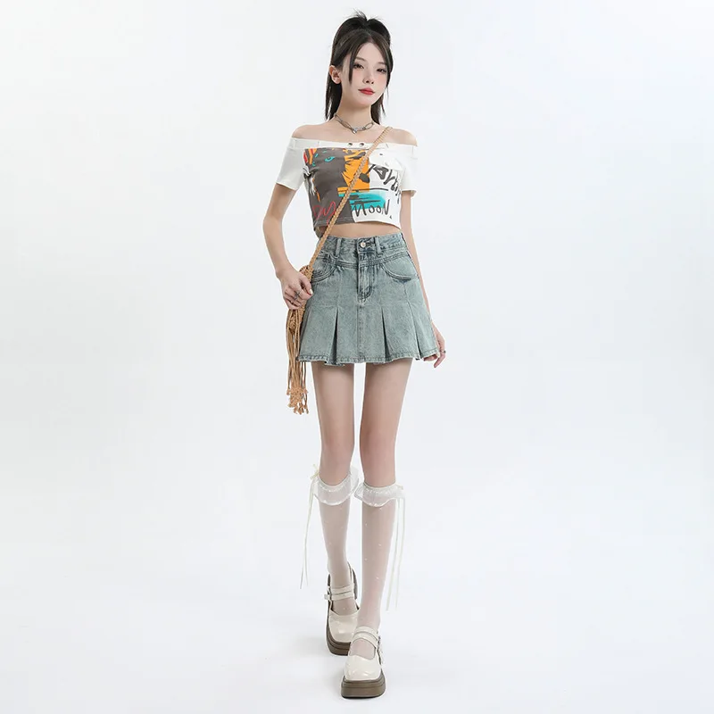 New Summer Pleated Denim Short Skirt for Women High Waisted Pleated A-line Mini Denim Skirt Hot Selling for Women's Clothing