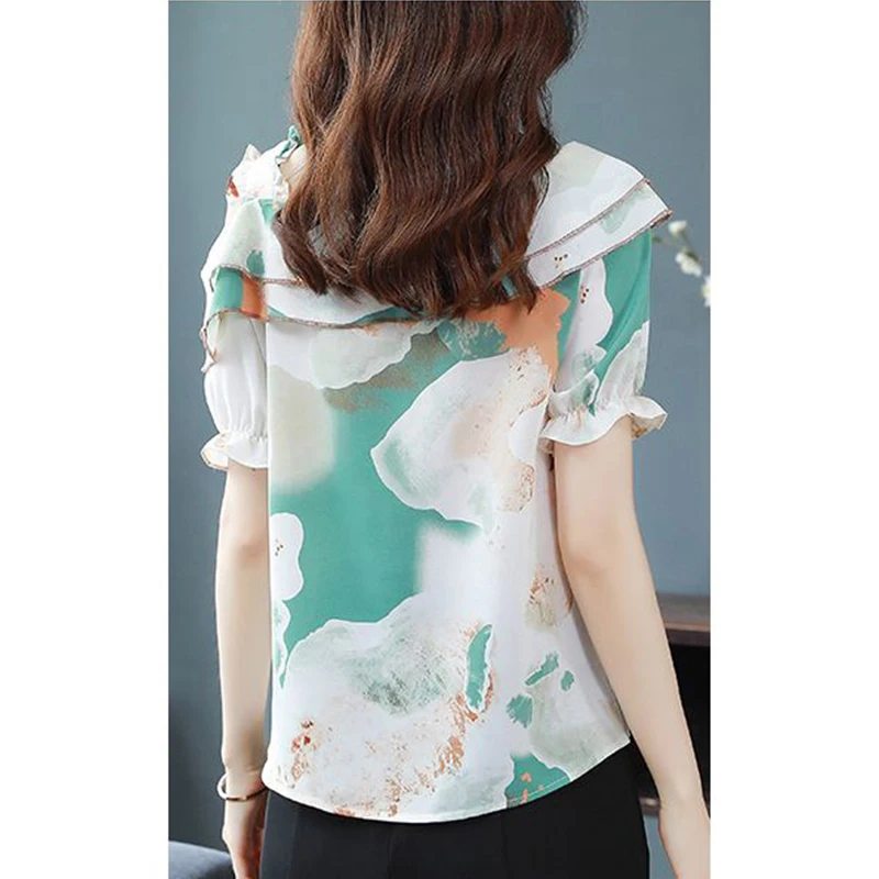 Summer Elegant Fashion Ruffles Hollow Out Chiffon Blouse Female Loose Casual All-match Vintage Blouse Women Short Sleeve Shirt