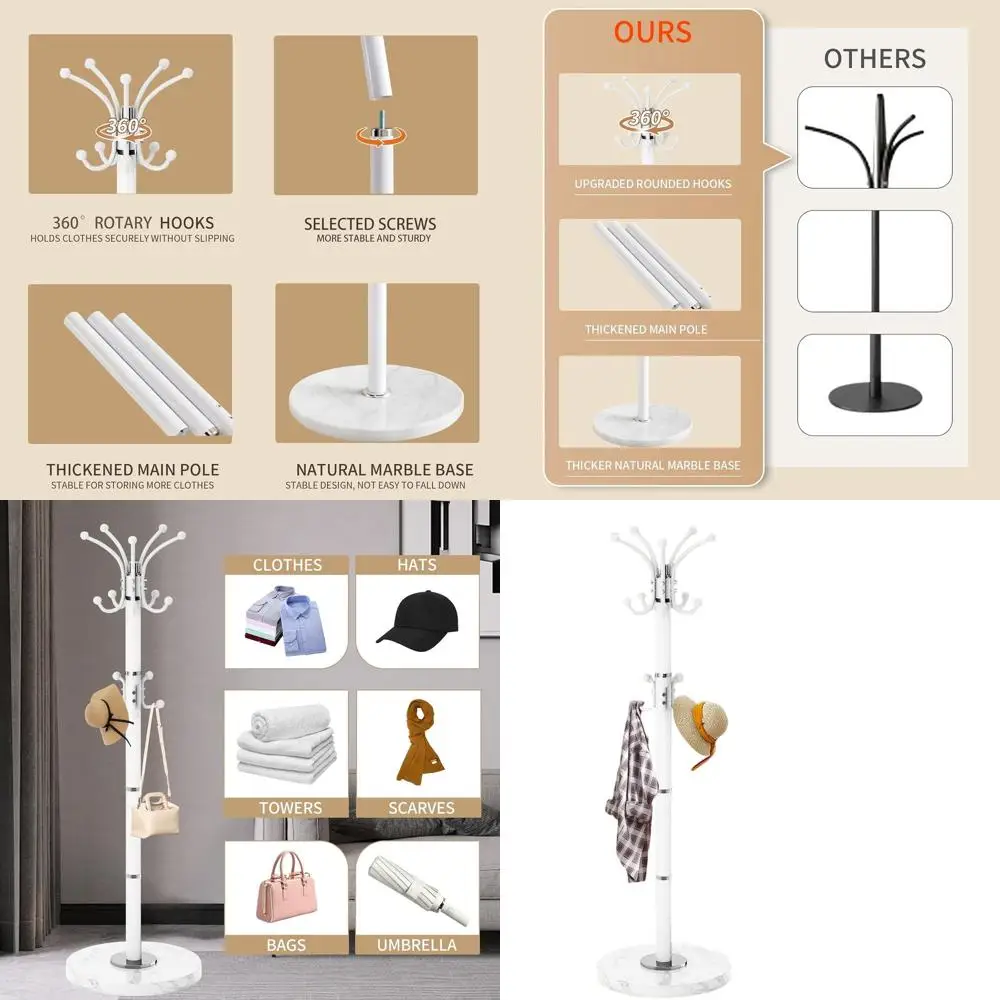 

Сверхмощный 360 ° Вращающаяся вешалка для одежды с мраморным основанием и 16 крючками для прихожей, коридора или офиса