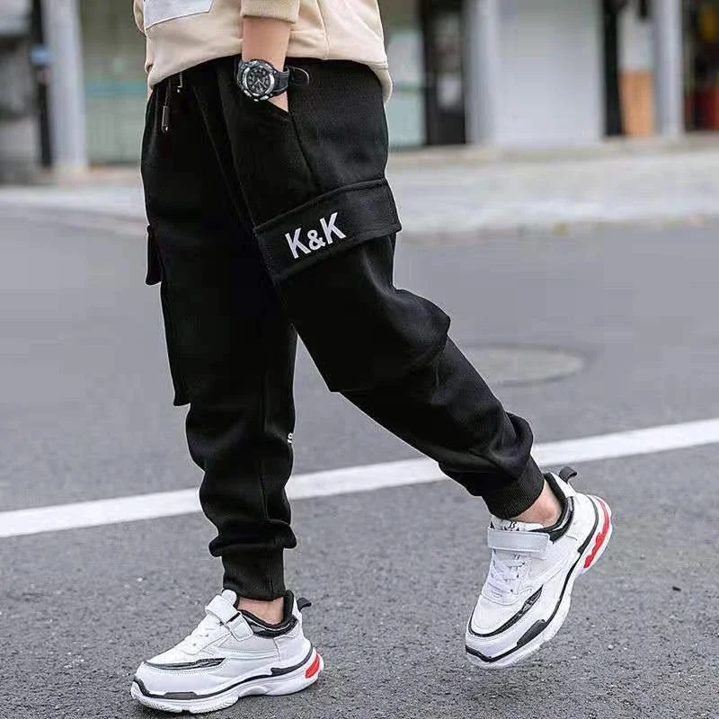 2024 Autumn Boys Pants Letter Print Cotton Sweatpants Casual Korean Cargo Pants Fashion Teenage Kids Sport Multi-pocket Pants