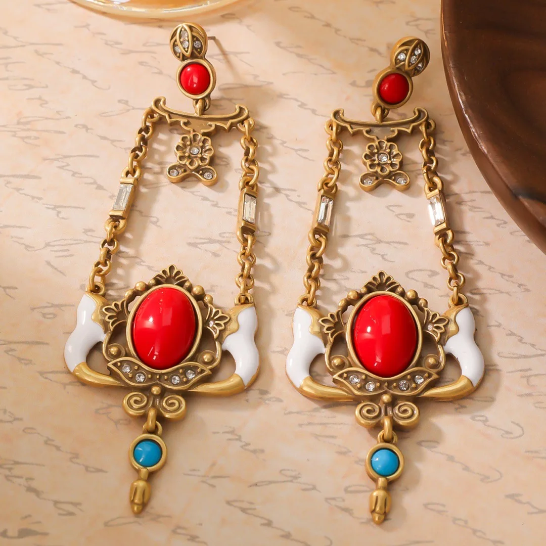 

European and American gemstone red temperament earrings