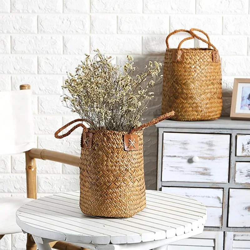 

Handmade Dry Flower Insertion basket Creative Grass Woven Flower Basket Storage Basket Circular Handheld GiftBasket Flower Set