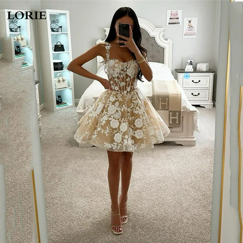 

LORIE Sequins Lace Mini Wedding Dress A Line Champagne Sweetheart Neck Short Wedding Dress Spaghetti Strap Tulle Prom Gowns