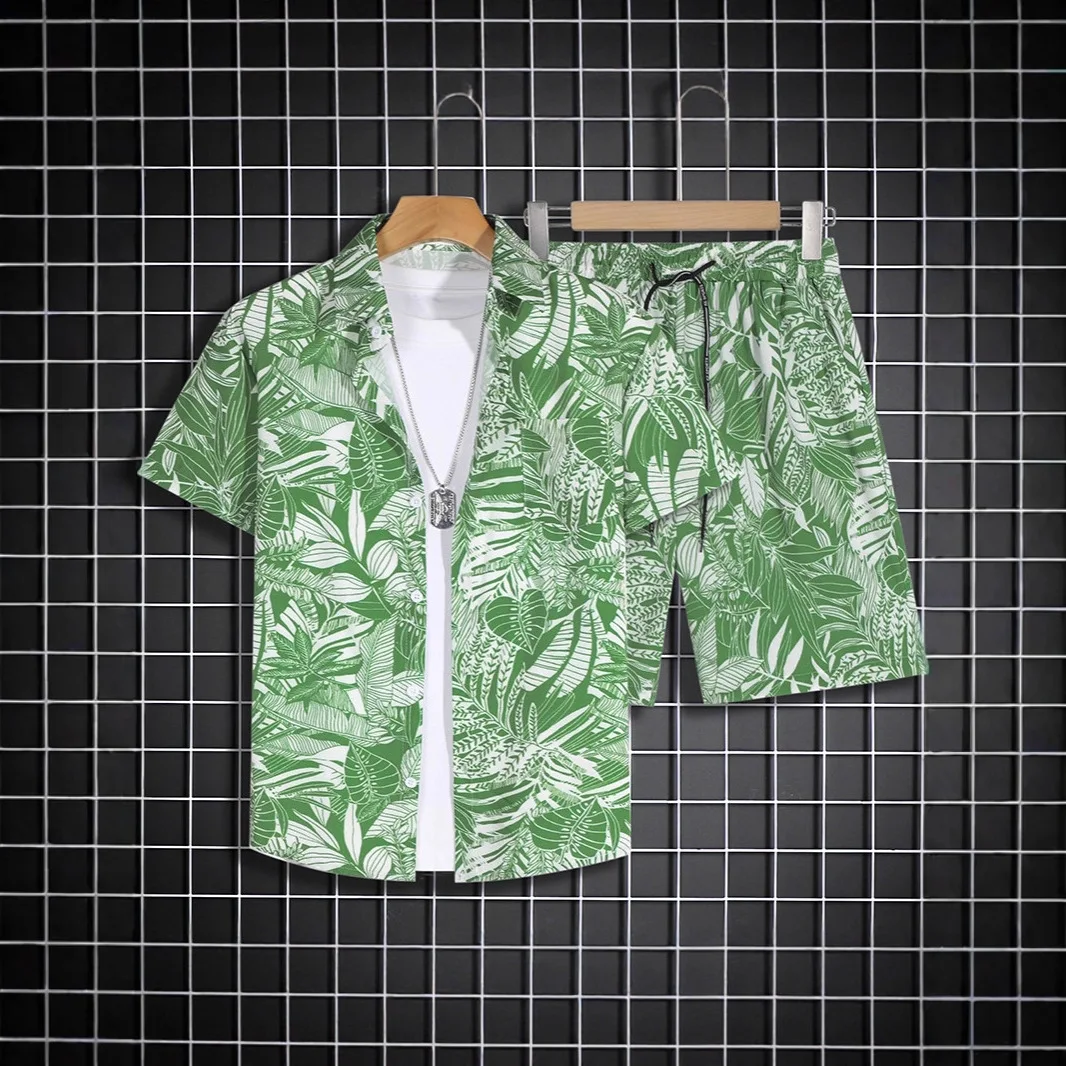 Classic Comfortable Hawaii leaf calligraphy 3D Print shirt +Shorts Two Piece Set Short Sleeve Flip collar shirts half pants