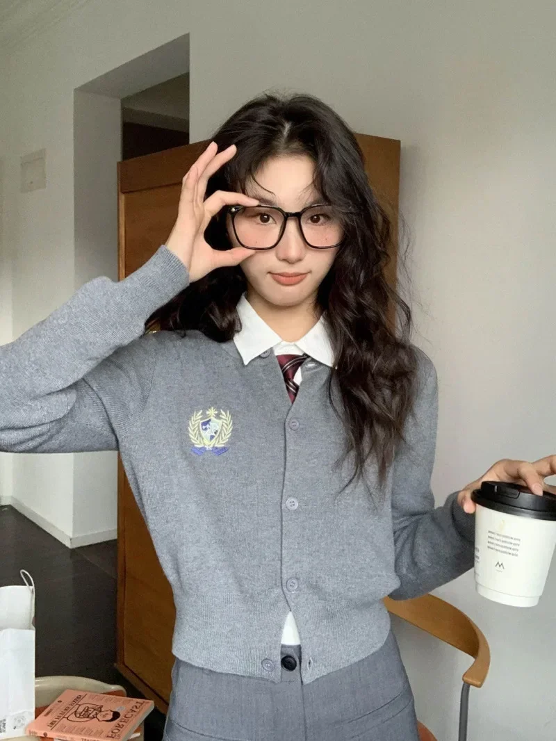 Knitted Preppy Style Badge Embroidery Cardigan Slim Waist Korean Women Long Sleeve O Neck Short Sweaters Japanese Y2k image 5