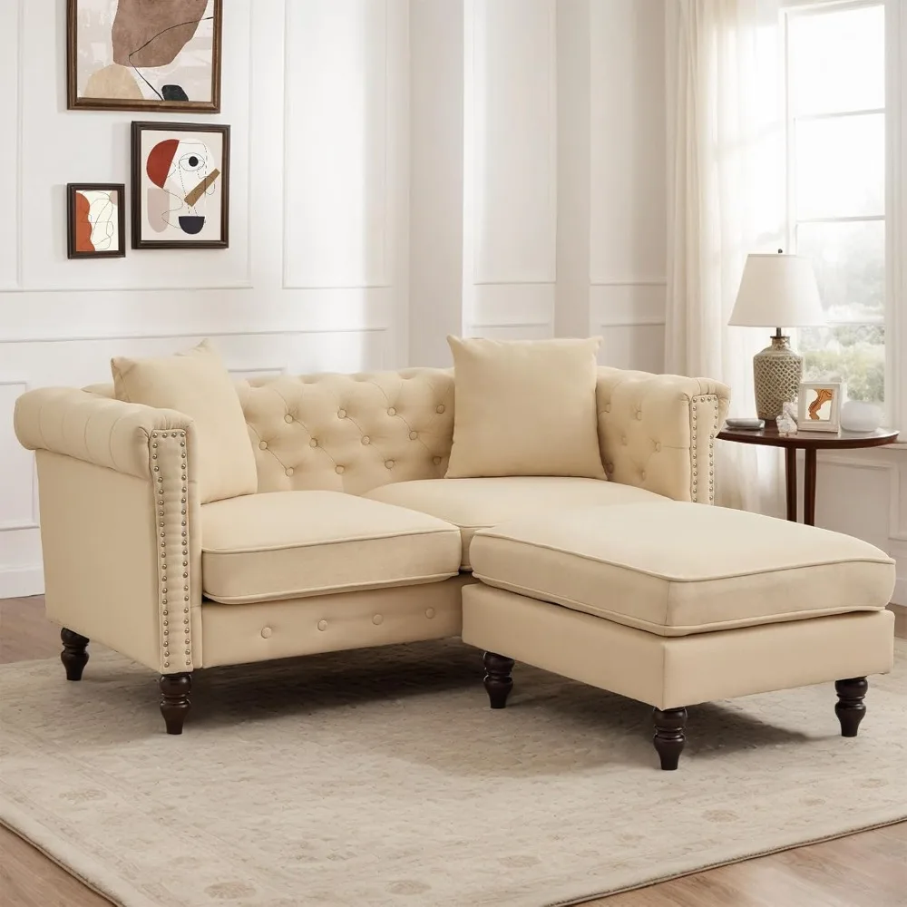 

62" Sofa Loveseat, Button Tufted Nailhead Sofa,with Movable Ottoman, L-Shaped Upholstered Loveseat Couch