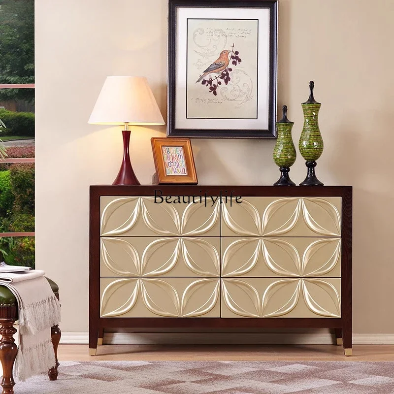 

01New product entrance cabinet Solid wood three-dimensional carved foyer European living room dining side cabinet