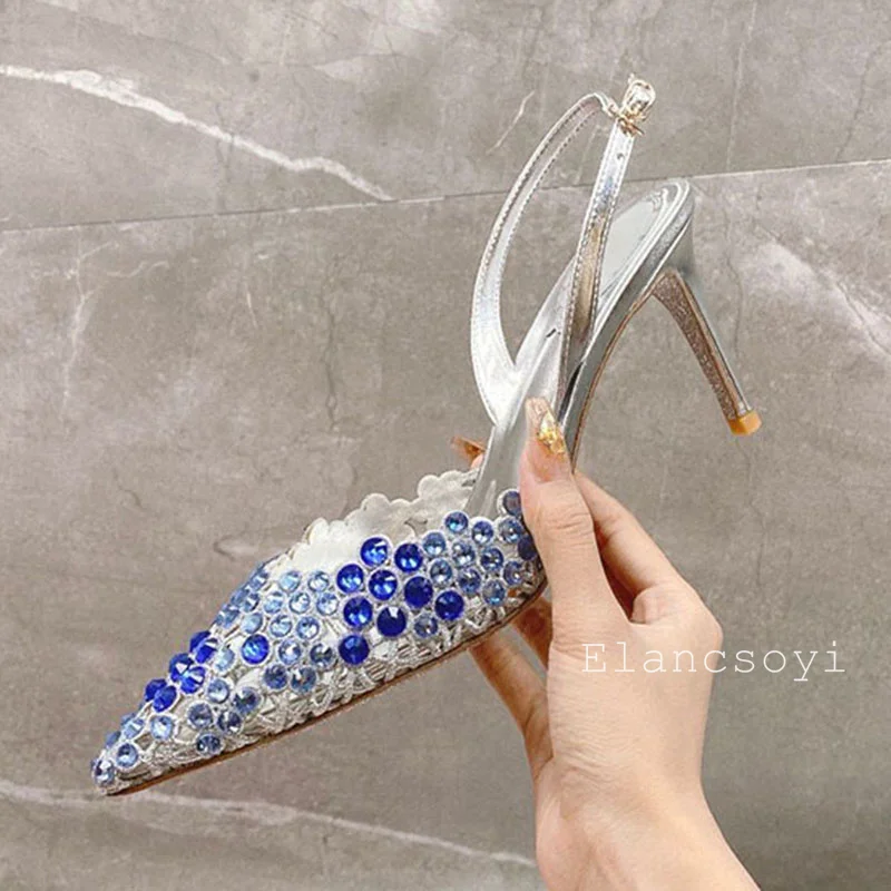 Thin High Heels Sandals Women Bling Rhinestone Pointed Toe Hallow Outs Back Strap Sandalias Summer Fashion Party Banquet Shoes