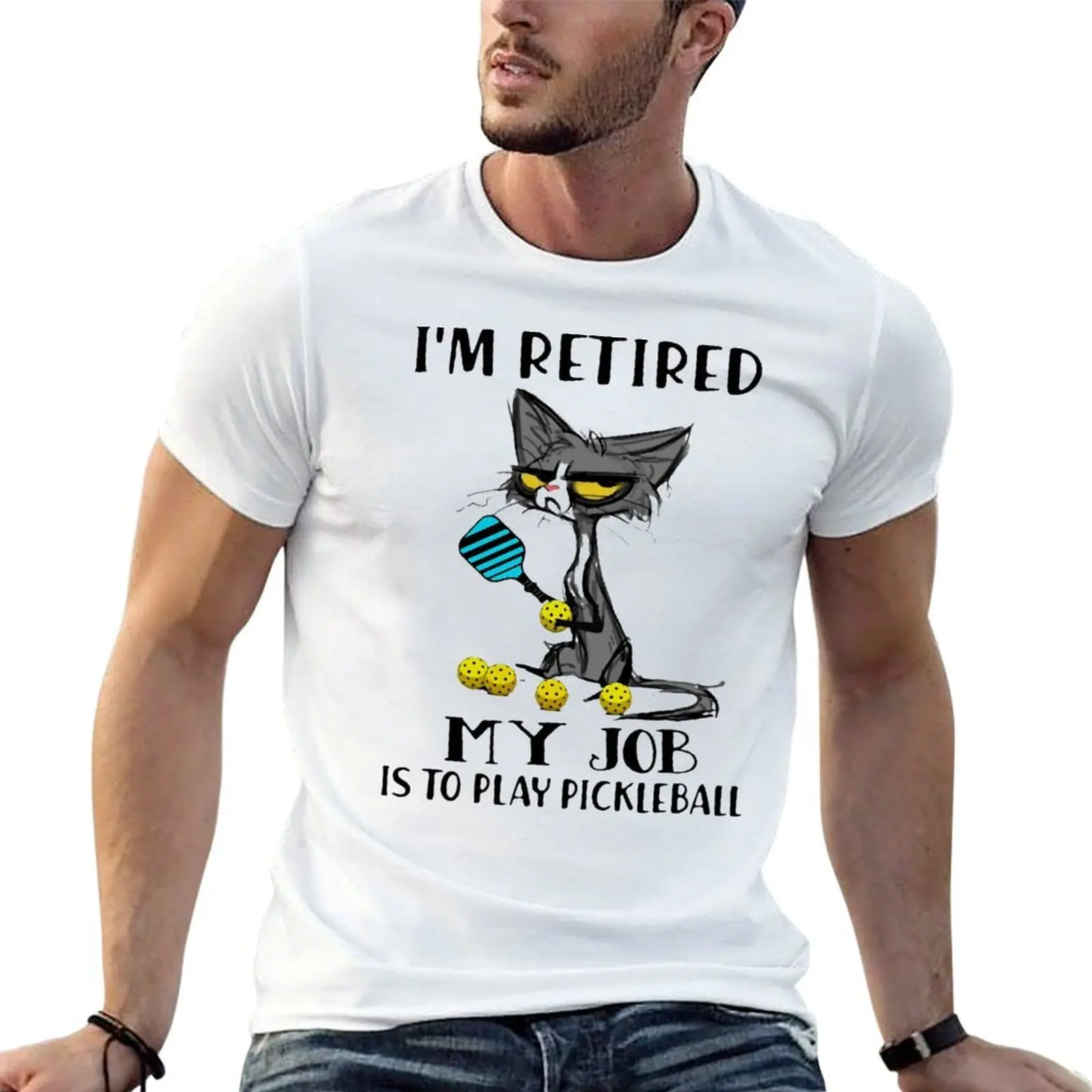 CAT I'M RETIRED MY JOB IS TO PLAY PICKLEBALL T-Shirt blue lock summer shirt vintage t shirt men