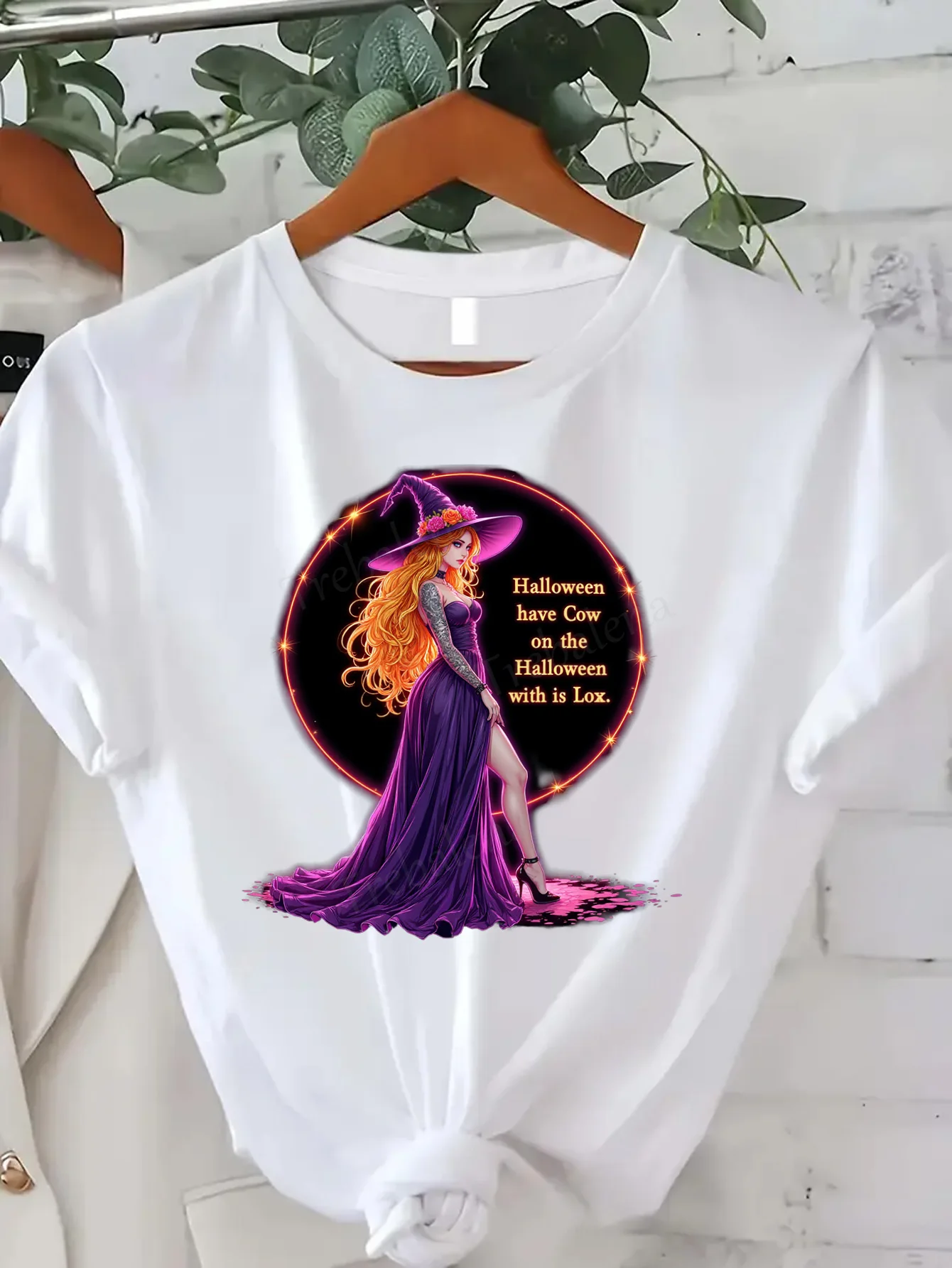 

Plus Size Round Neck T-shirt Halloween Witch Purple Dress T-Shirt Women's Plus Size Cute Graphic Tee
