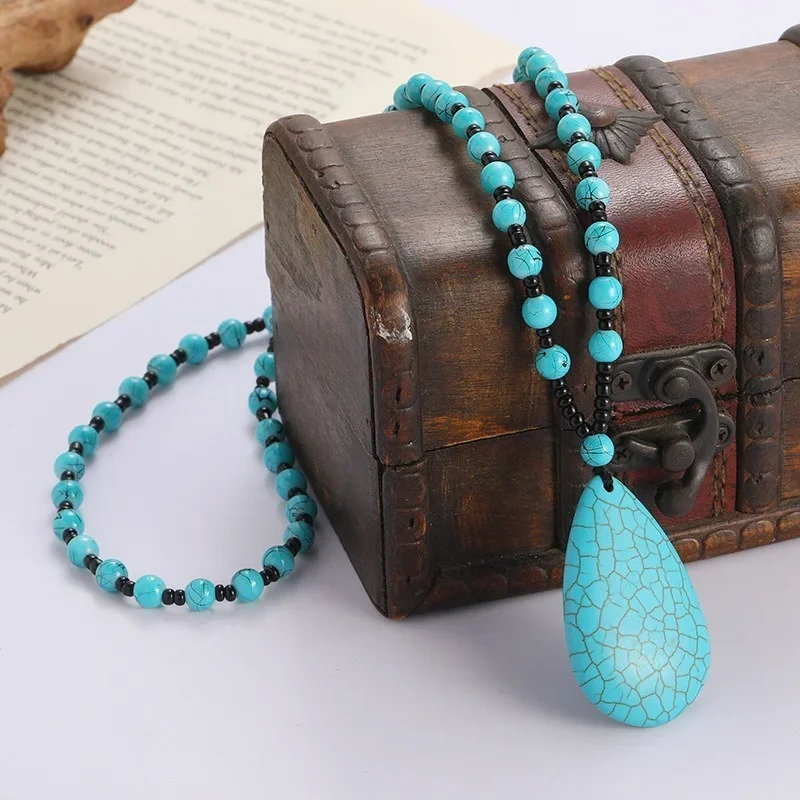 Natural Orchid Turquoise Brushed Glass Bead Necklace Retro Turquoise Water Drop Pendant Ethnic Jewelry Women\'s Necklace