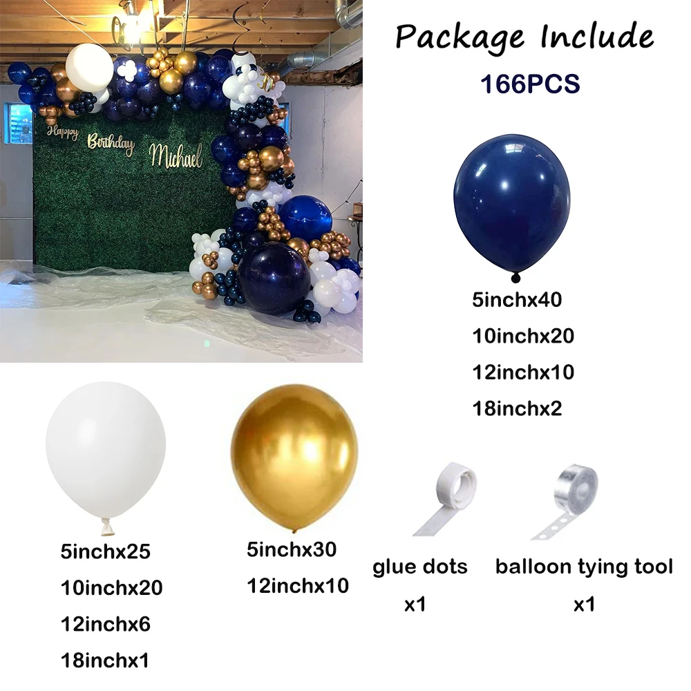 166Pcs Navy Royal Blue Balloons Garland Arch Kit White Gold Ballon Graduation Wedding Boys Baby Shower Birthday Party Decoration