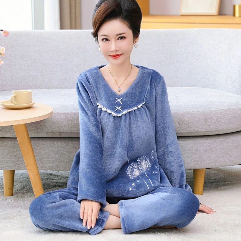

Women's Pajamas V-Neck Coral Velvet Autumn Winter Pyjamas Female Pijamas Mujer Sleepwear Long-Sleeve Thick Warm Lounge Sleep Set