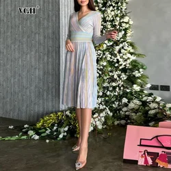 VGH Hit Color Design Sense Spliced Folds Dresses For Women Round Neck Long Sleeve High Waist A Line Elegant Dress Female Style