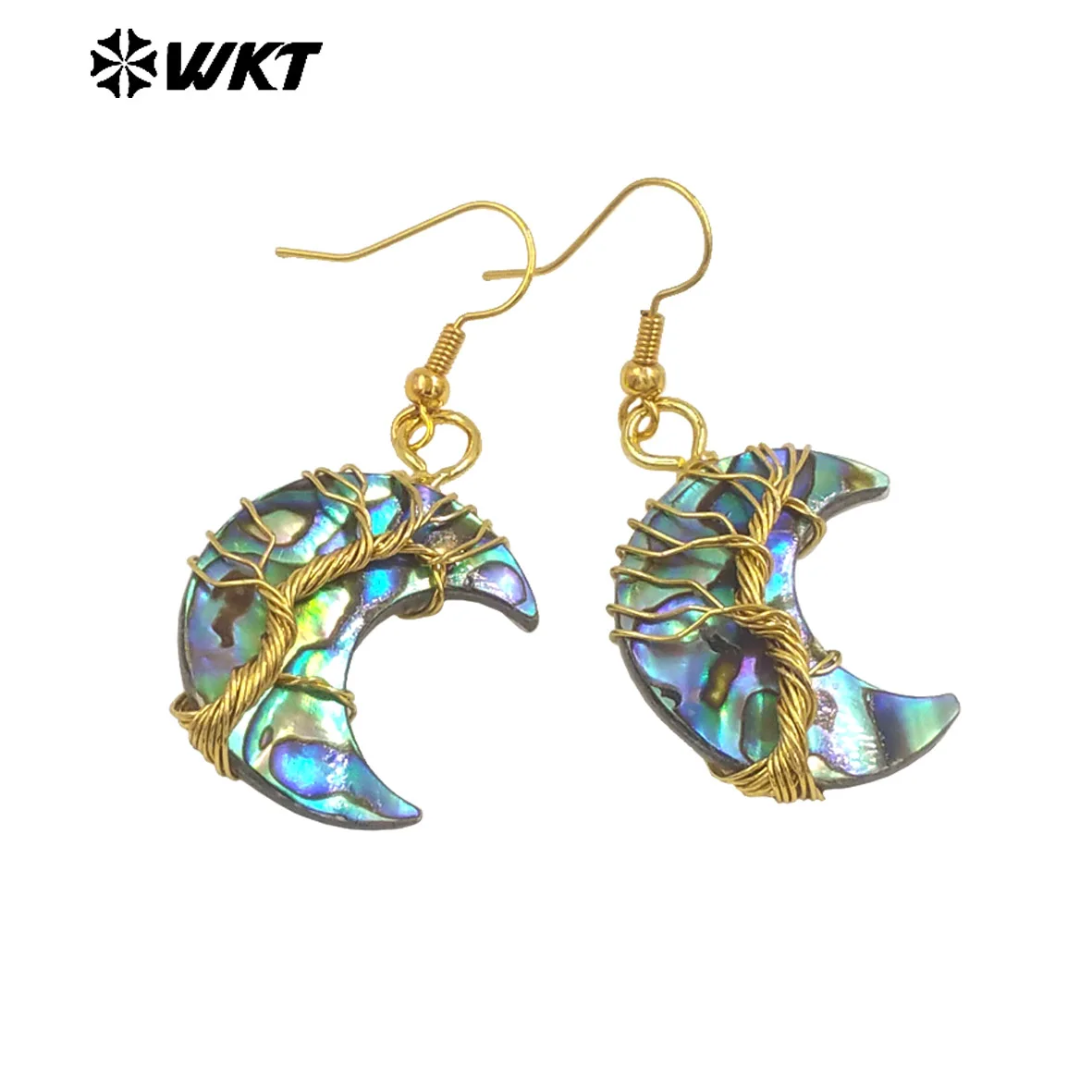 WT-MPE160 New Arrival Natural Abalone Shell Women Earrings Waterdrop/ Moon Shape Gold Plated Wrapping Wire Vintage Jewelry