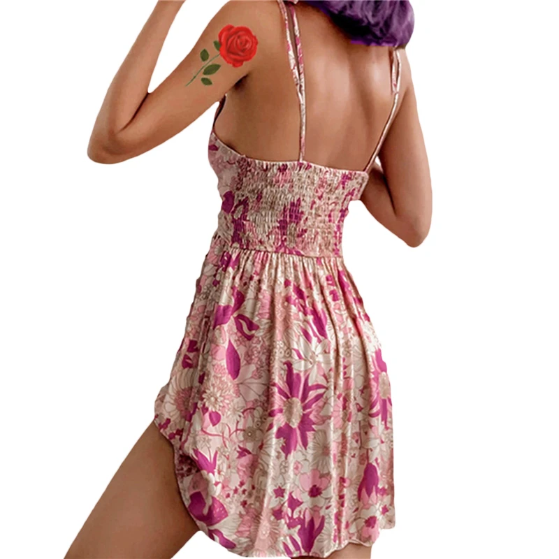 Mini vestido sexy sem encosto com decote em v feminino, estampa floral, alça de espaguete, vestido boho curto, moda verão