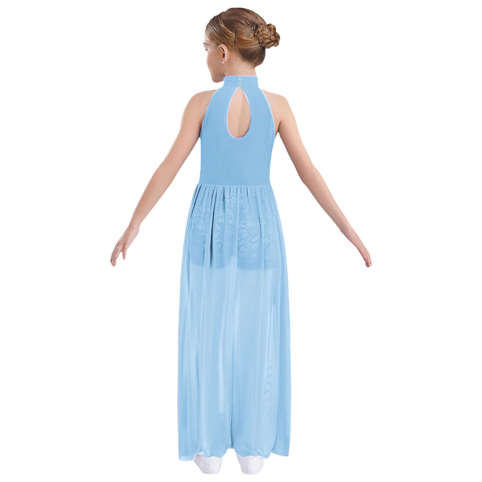 Kids Girls Lace Flower Modern Lyrical Dance Dress Halter Sleeveless Flowy Mesh Overlay Leotard Jumpsuit for Dance Competitions