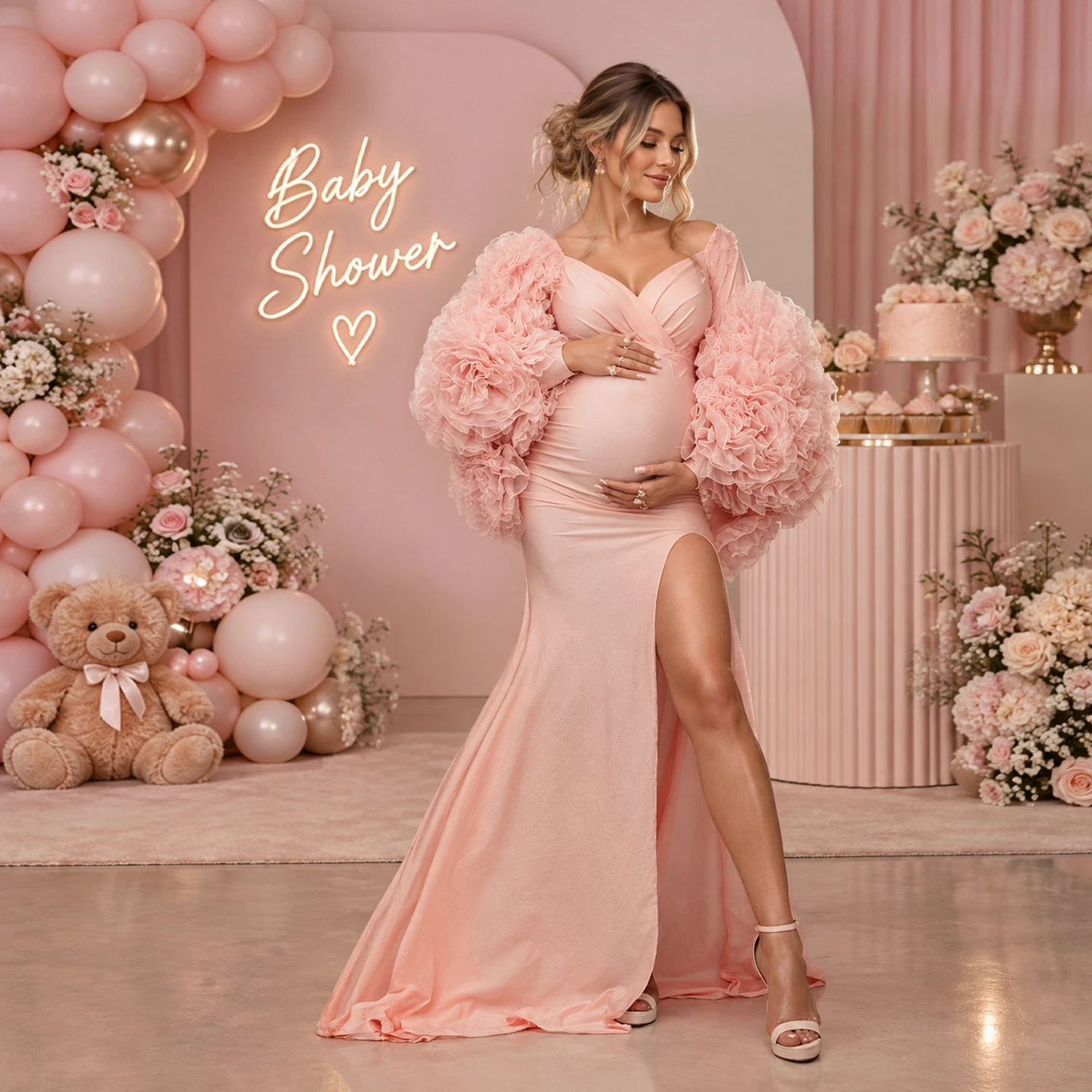Elegant Pink Maternity Dress for Photoshoot Ruffle Puff Sleeve Pregnancy Gown High Slit Baby Shower Photography Dress YW2610195