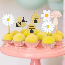 12/24pcs Bling Hondycomb Bee Cake Topper Daisy Flower Cupcake Toppers Children's Happy Bee Birthday Cake Decoration Supplies